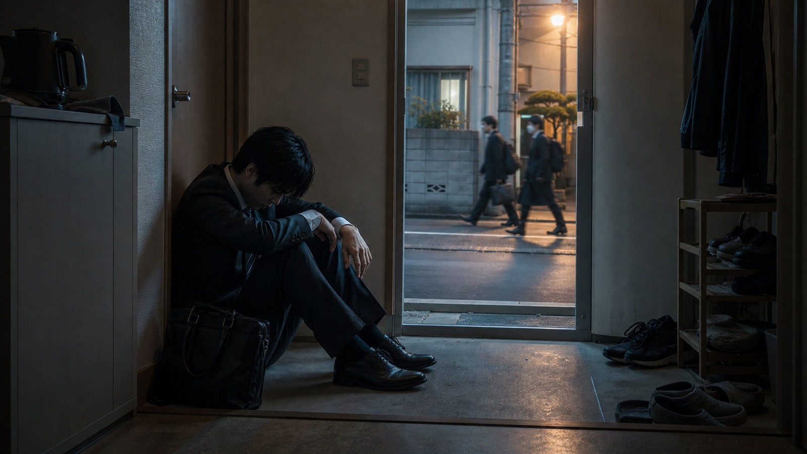 出勤準備を終えたものの、玄関で身体が動かず座り込む会社員