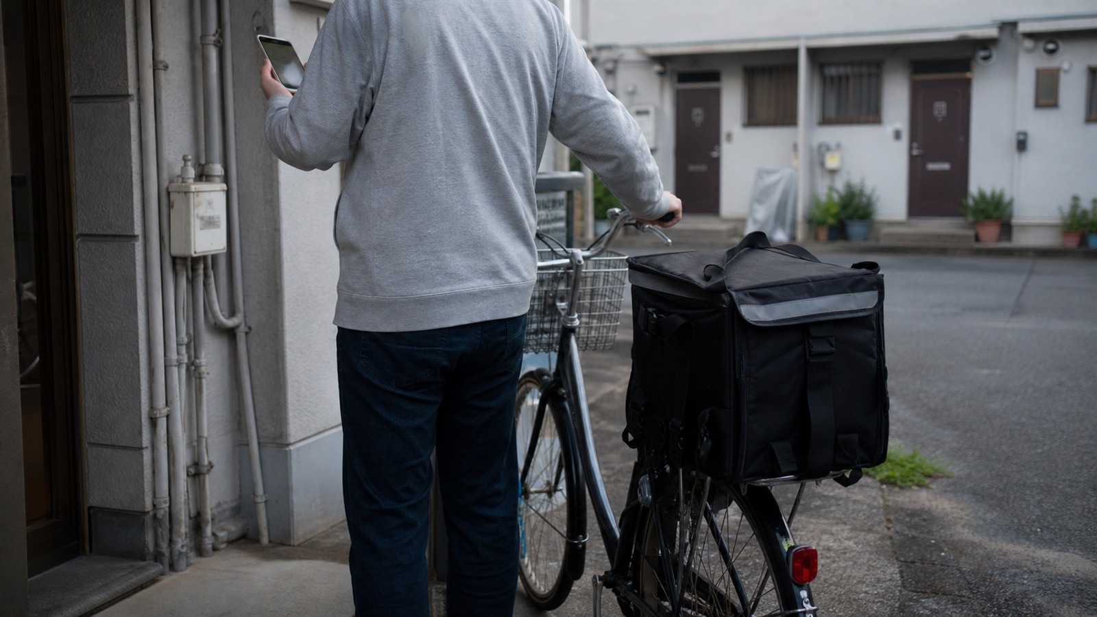 スマートフォンを手に非電動自転車と配達バッグを押し出す男性の後ろ姿