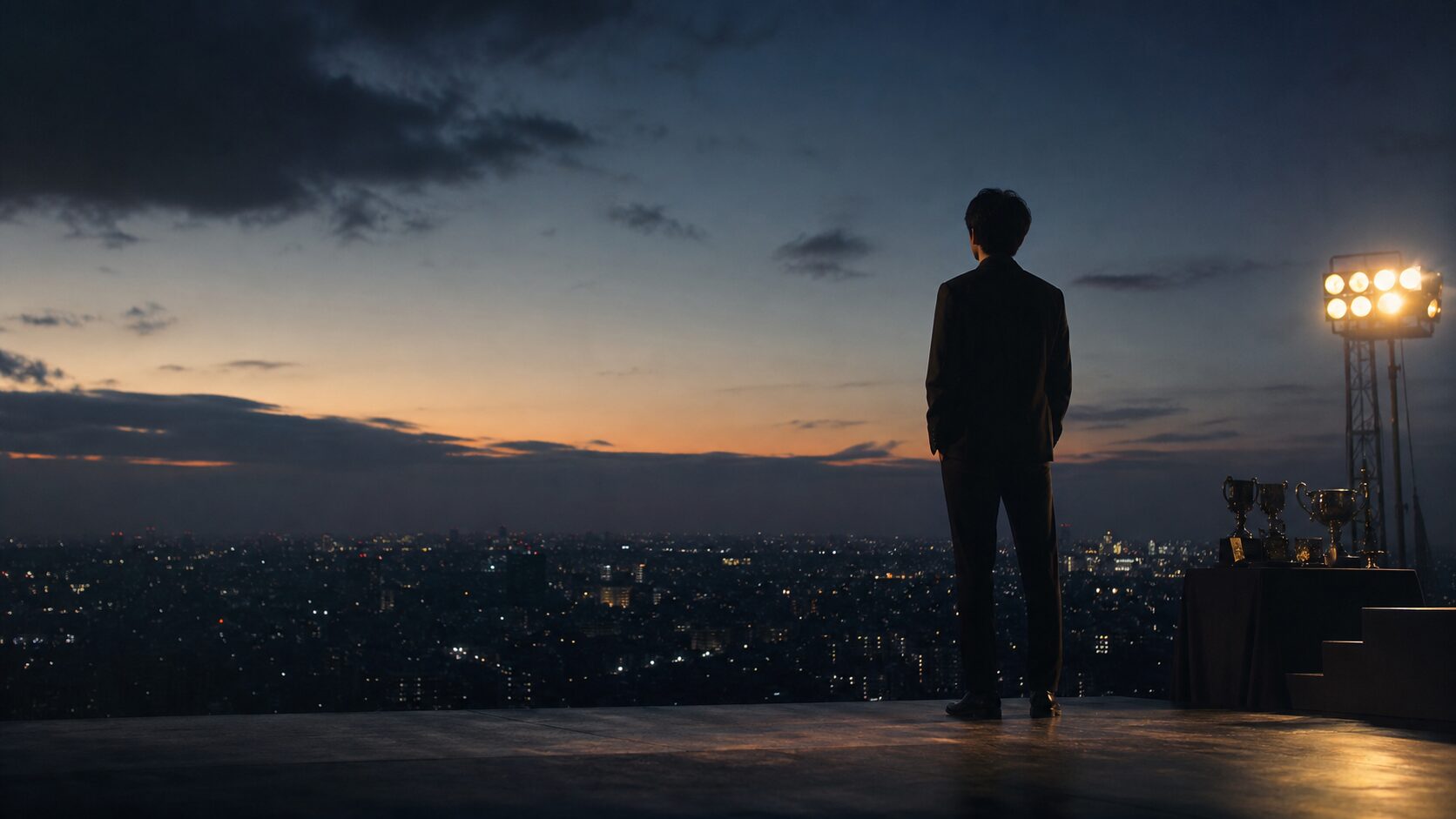 成功の証を背に、夜明け前の空を見つめる人物