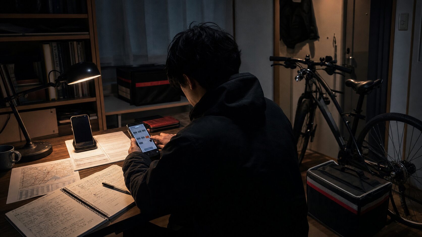 垢バンに備え、記録と予備端末を整理する自転車配達員