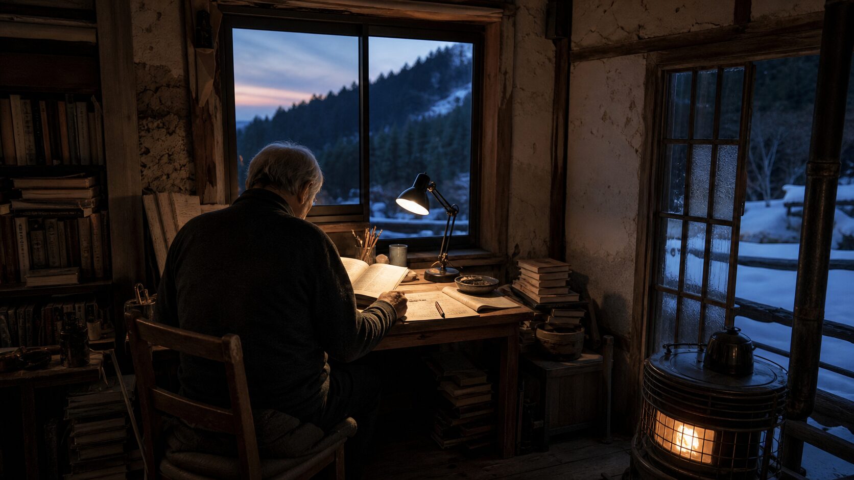 雪山の古い家で本を読み、机に向かう高齢の学者