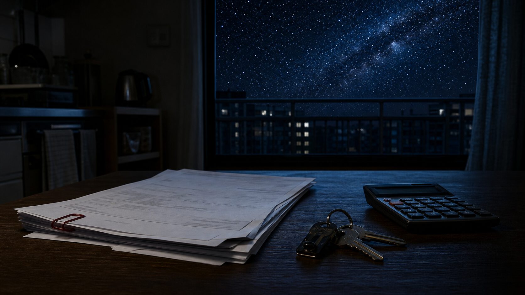 星空の見える部屋で、請求書と鍵が置かれた生活の机