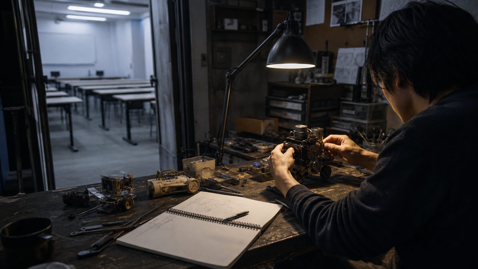 空の教室を背に、作業机で試作品を組み立てる人物