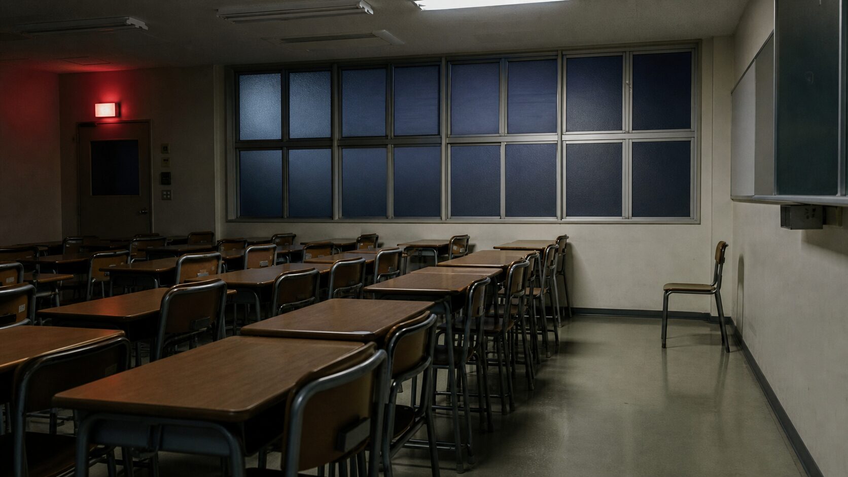 密集した机と壁際に離された椅子がある放課後の教室
