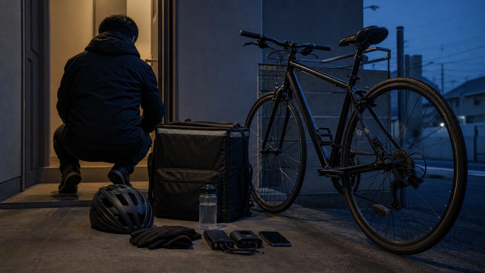 夜明け前、13時間稼働に備えて並べた自転車と配達装備