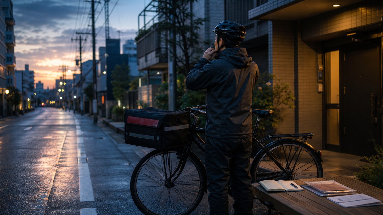 雨上がりの早朝、配達用自転車の横でヘルメットを締める男性