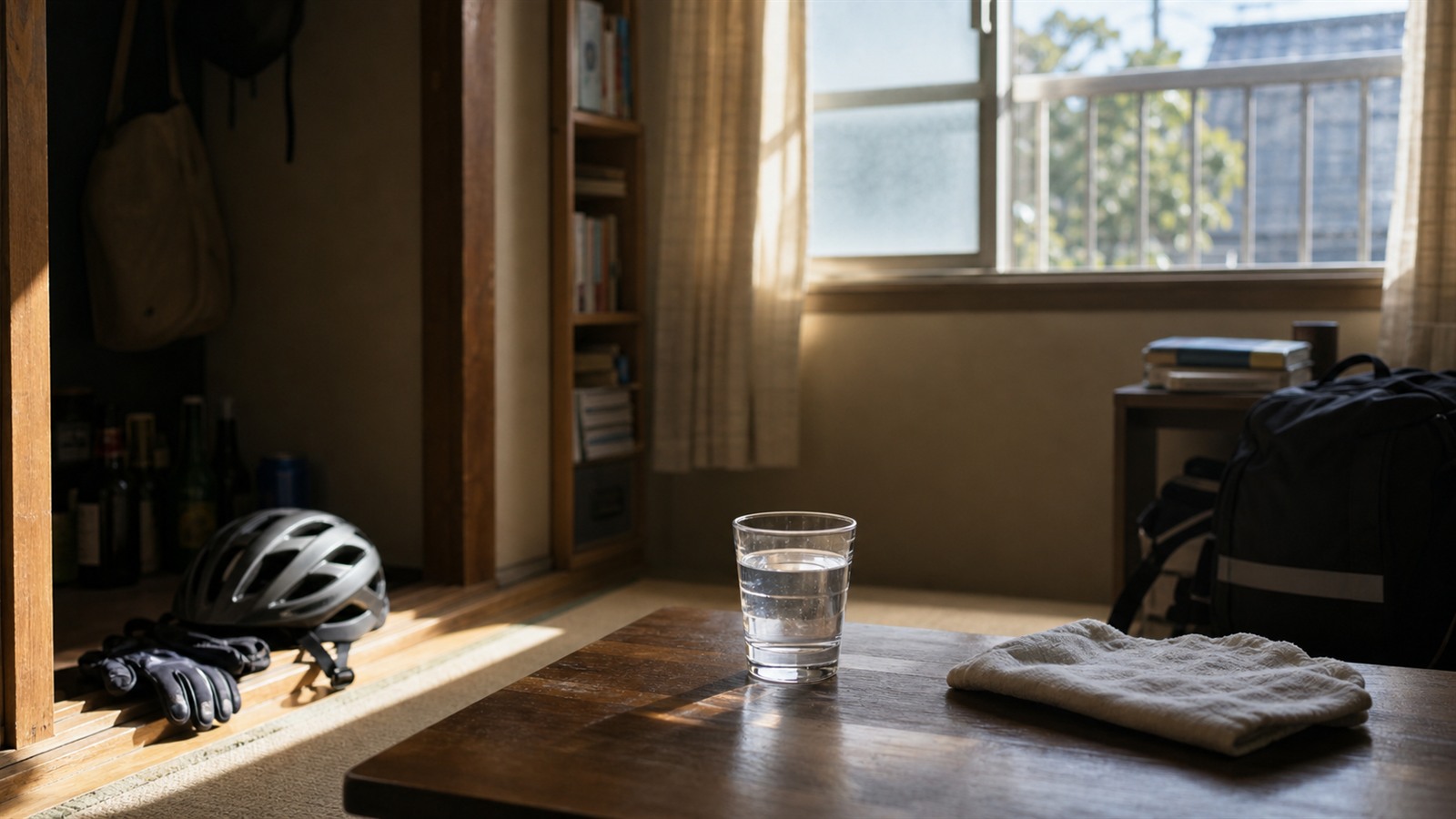 朝の部屋に置かれた水、自転車用ヘルメット、配達用の手袋