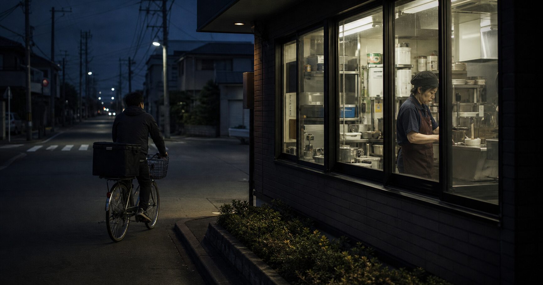 厨房に残る店員を背に、夜の街へ自転車で走り出す配達員