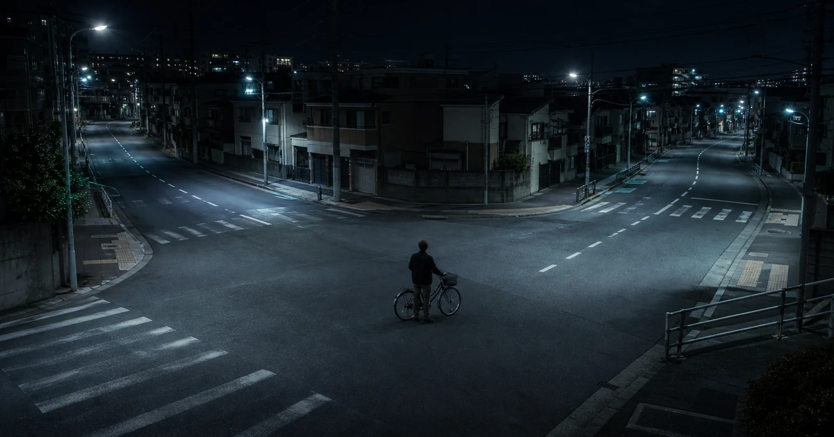 複数の道に分かれる夜の交差点を静かに見つめる人物