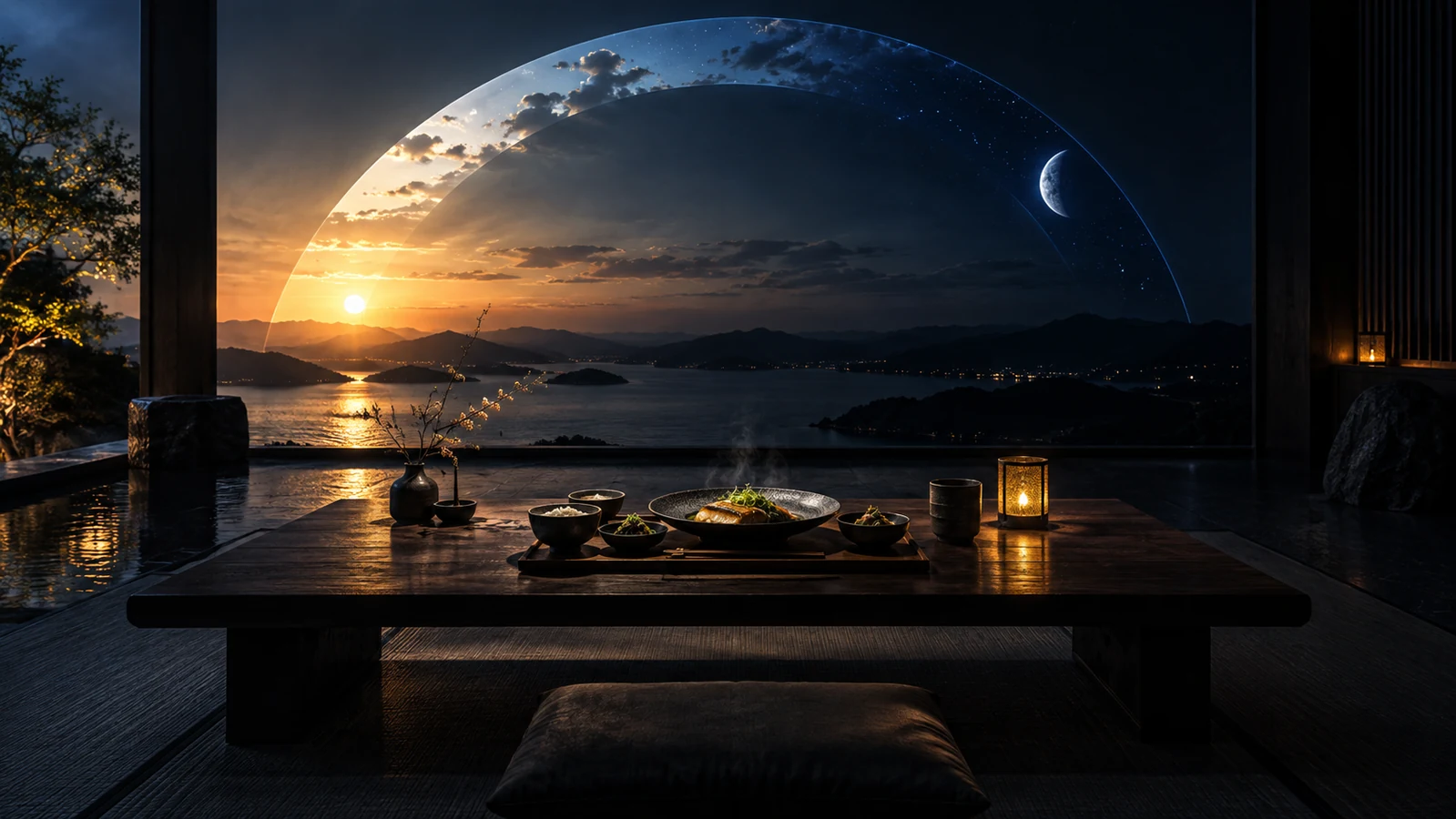 一日の光と夜が一つの食事へ集まる幻想的な情景