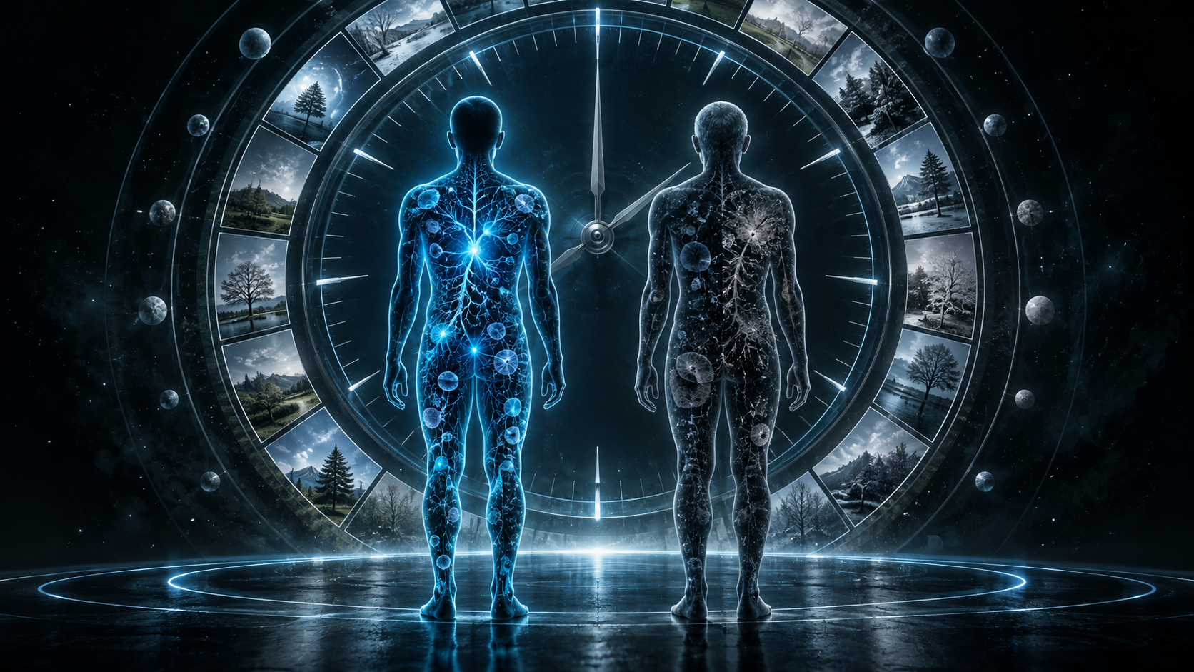 同じ時計の前に立ちながら異なる身体変化を示す二人の人物