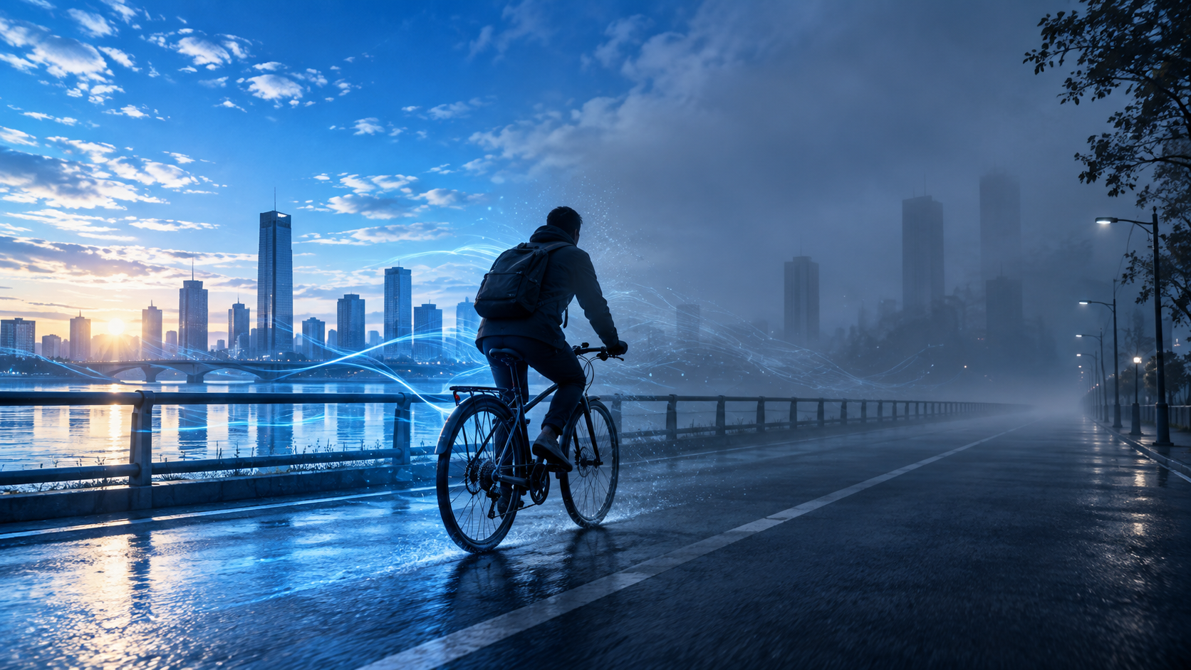 青い光から灰色の霧へ向かって走る自転車の人物