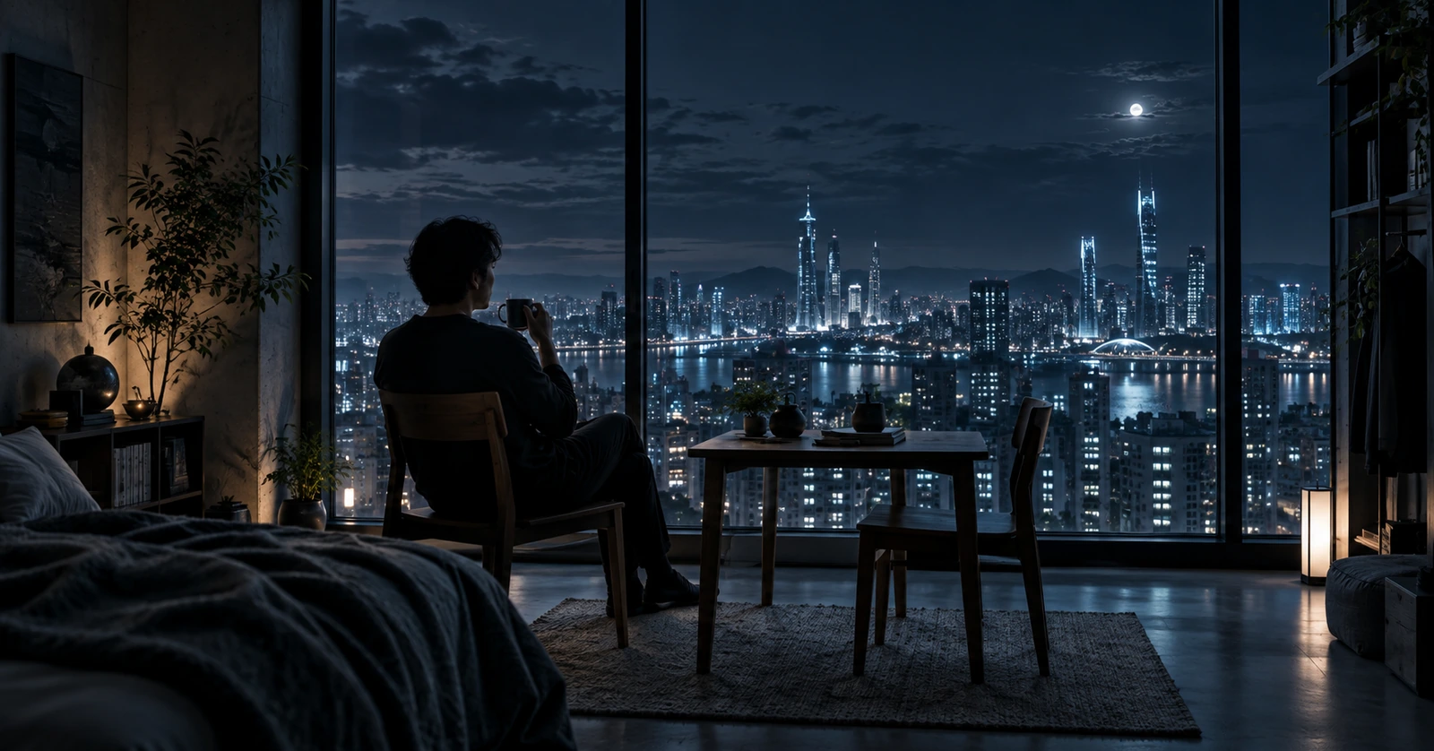 青い夜景を望む静かな部屋で、質素な時間を過ごす人物