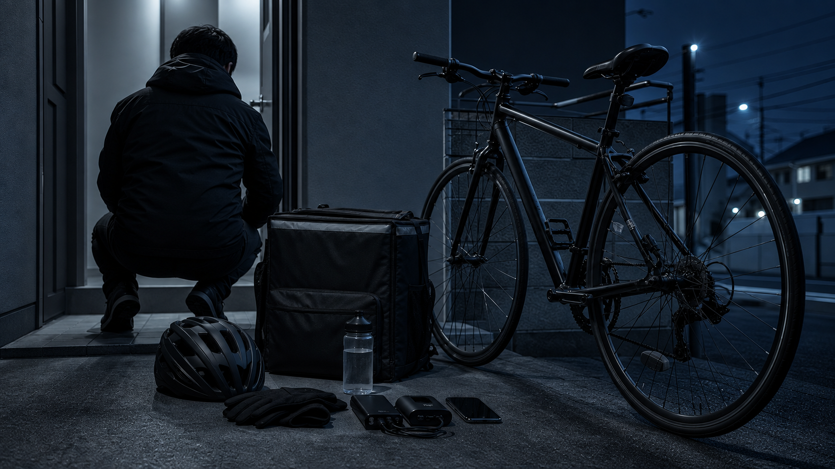 黒・青・グレーを基調とした「13時間稼働前夜。準備が整った。」のイメージ
