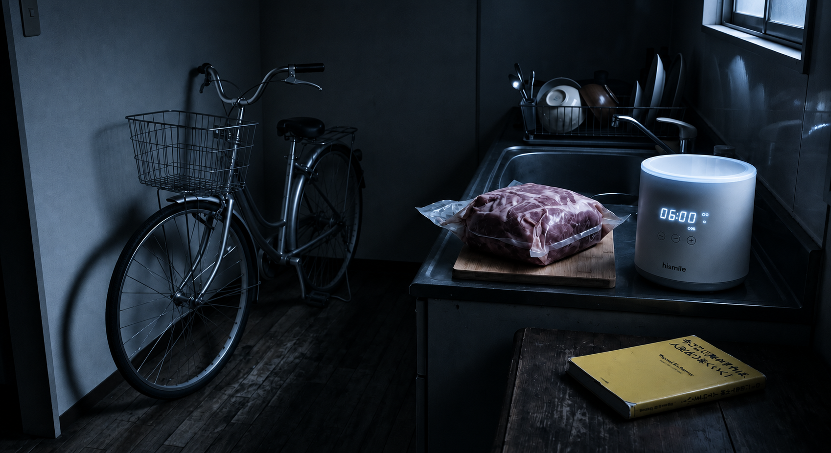 黒・青・グレーを基調とした「ピークタイムに肉を仕込み、休みながら働いた日」のイメージ