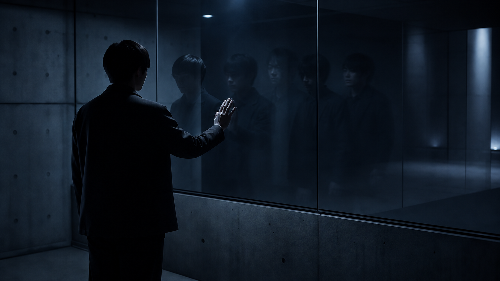 黒・青・グレーを基調とした「他人はいない。仮想現実かもしれない。それでも、殴られれば痛い。」のイメージ