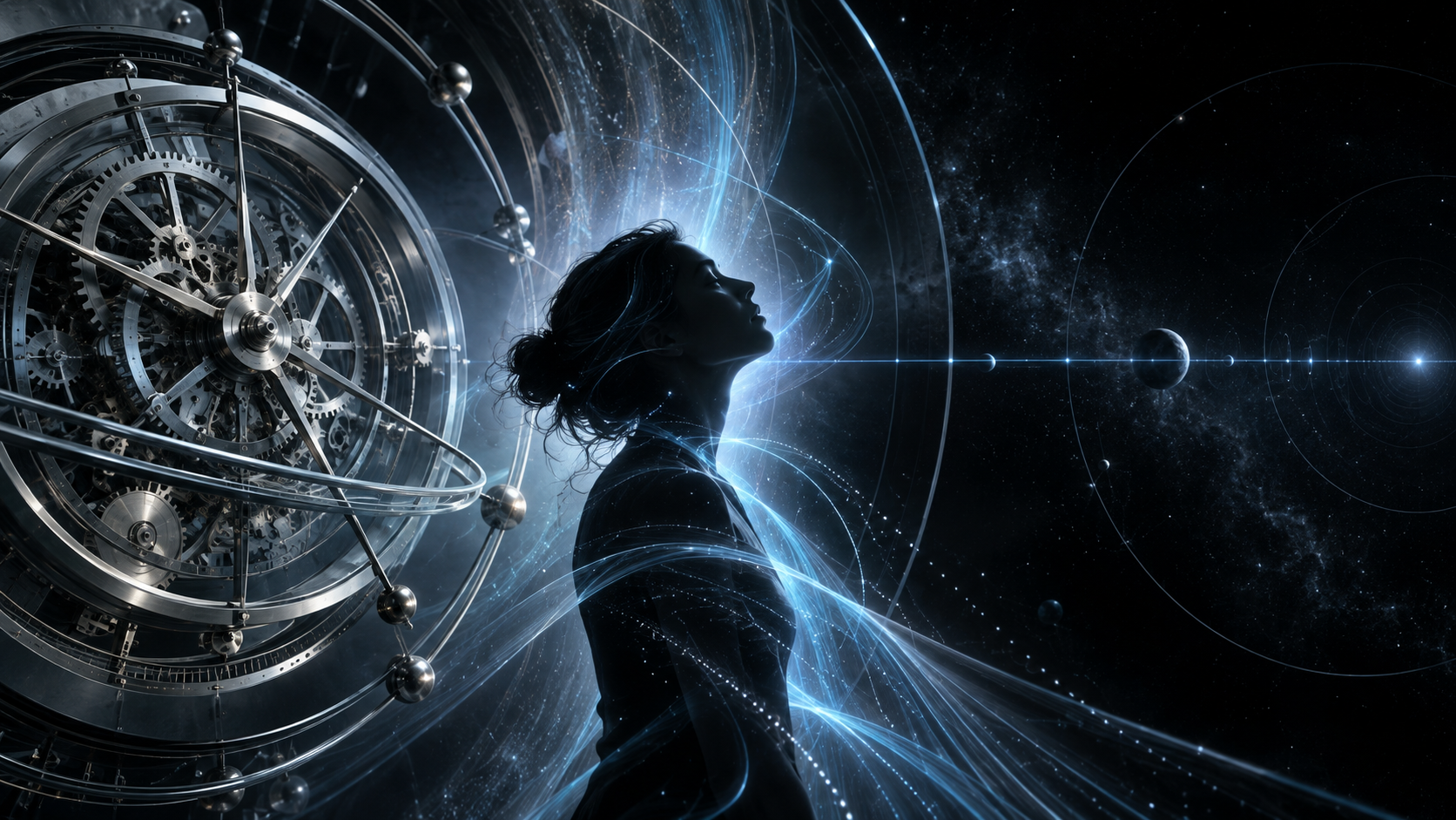 時計機構と主観的な光の流れと宇宙の軸が重なる時間のイメージ