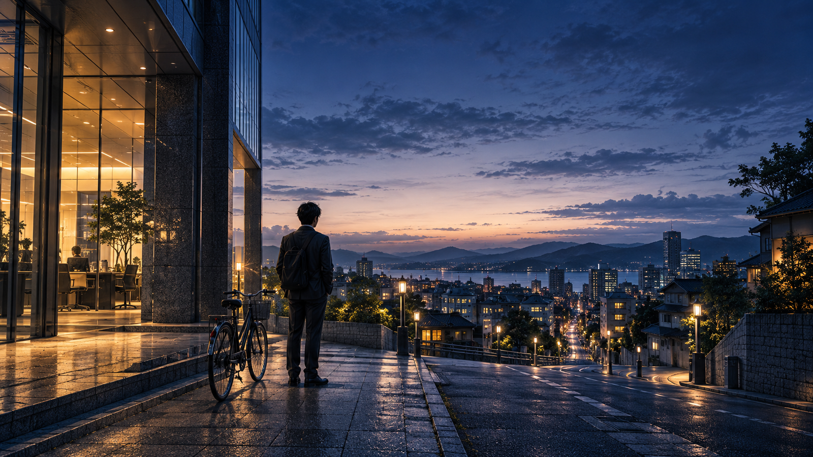 会社の建物と街へ続く道の間に、自転車とともに立つ人物