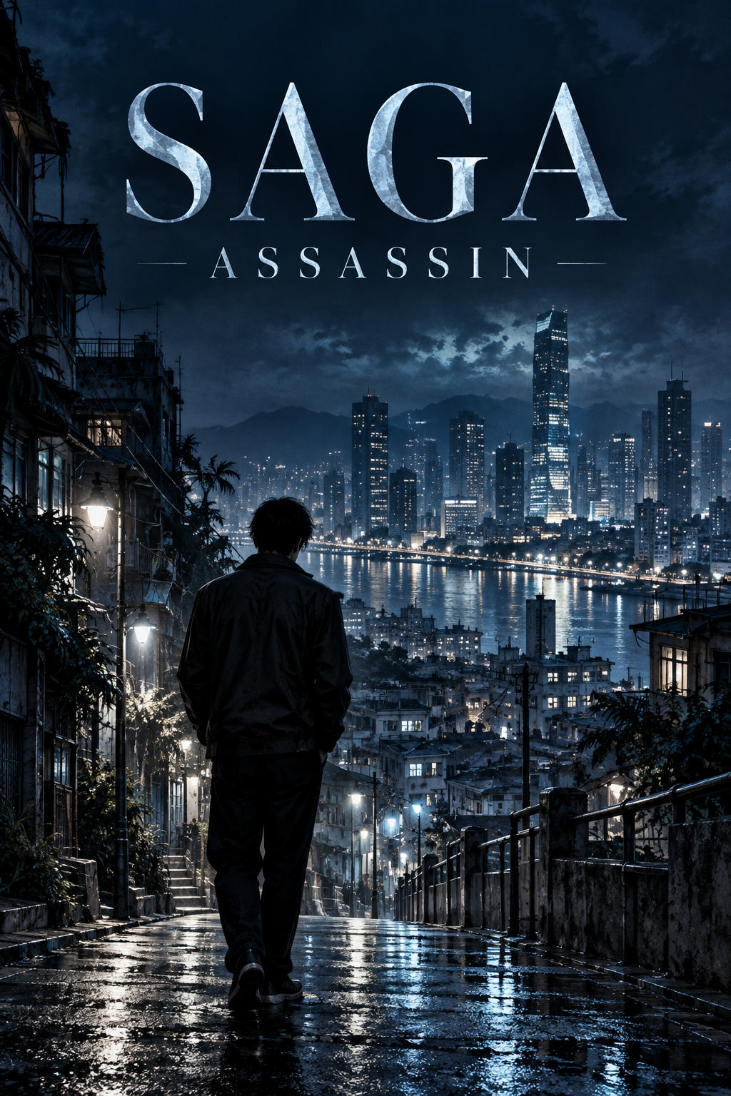 『SAGA - ASSASSIN』仮表紙。青い夜の街を見下ろす若い男性の後ろ姿