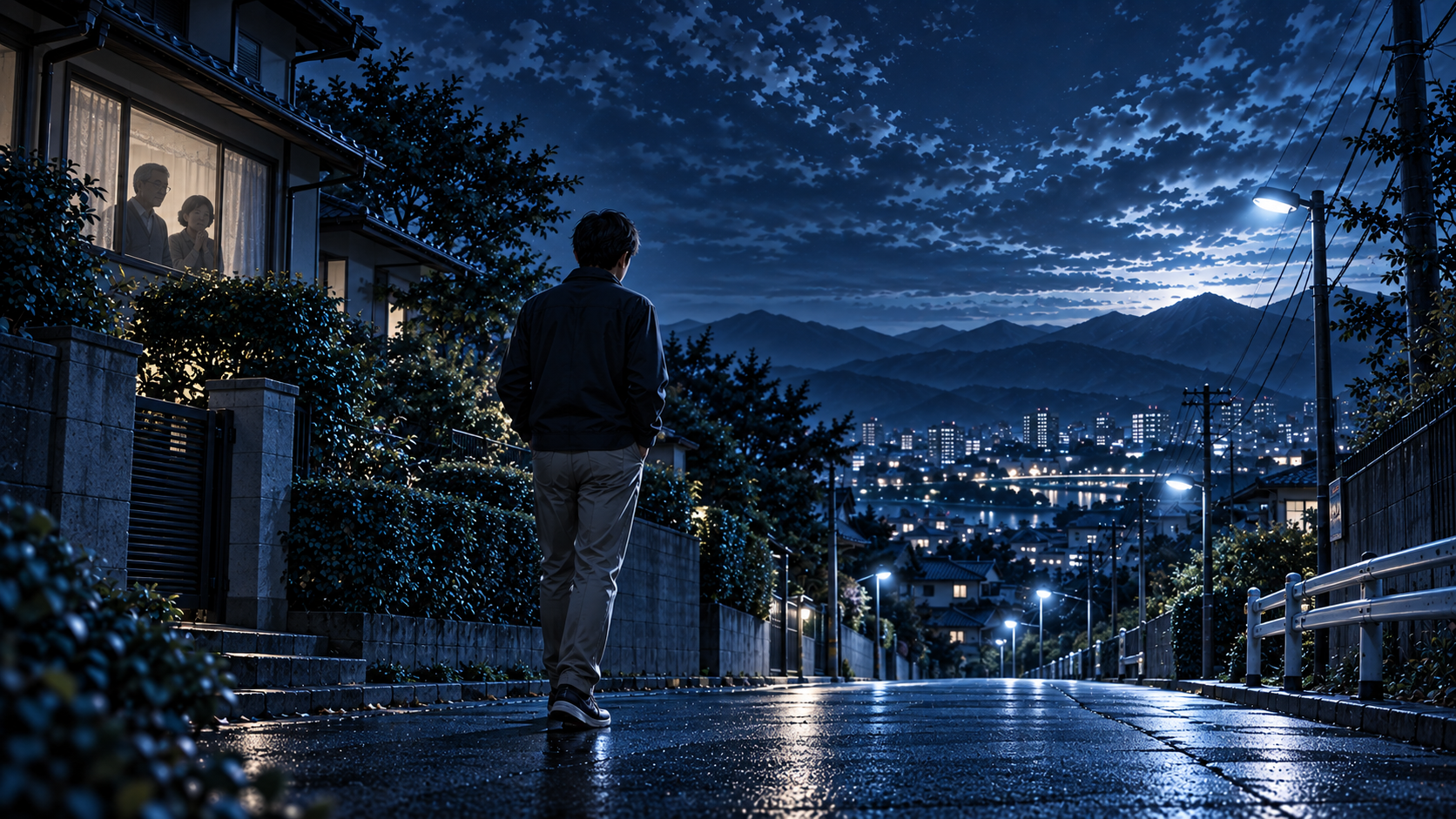 家族の家を背に、青い夕暮れの街で自分の進む道を見つめる成人男性